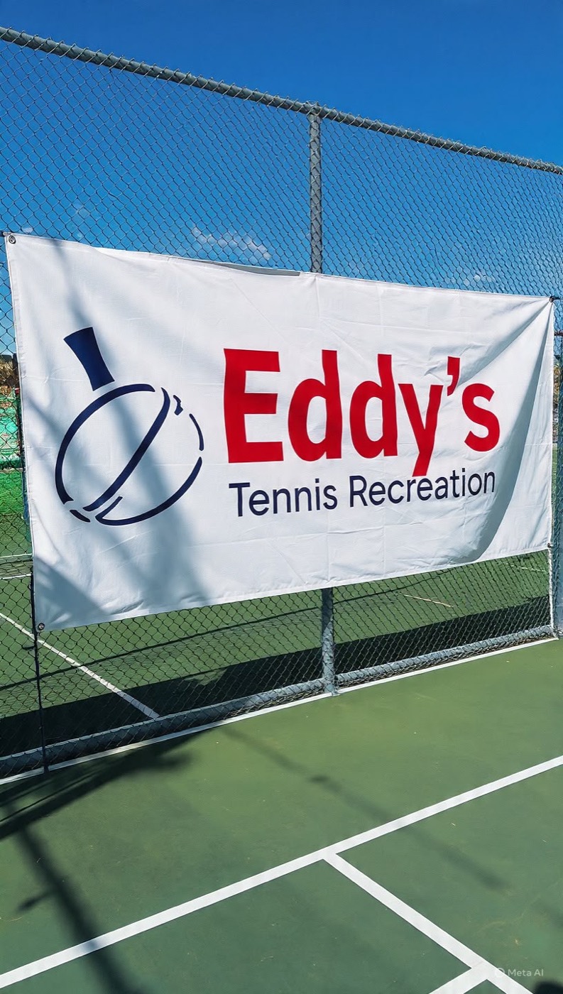Lona de Eddy's Tennis Recreation colgada en la cancha