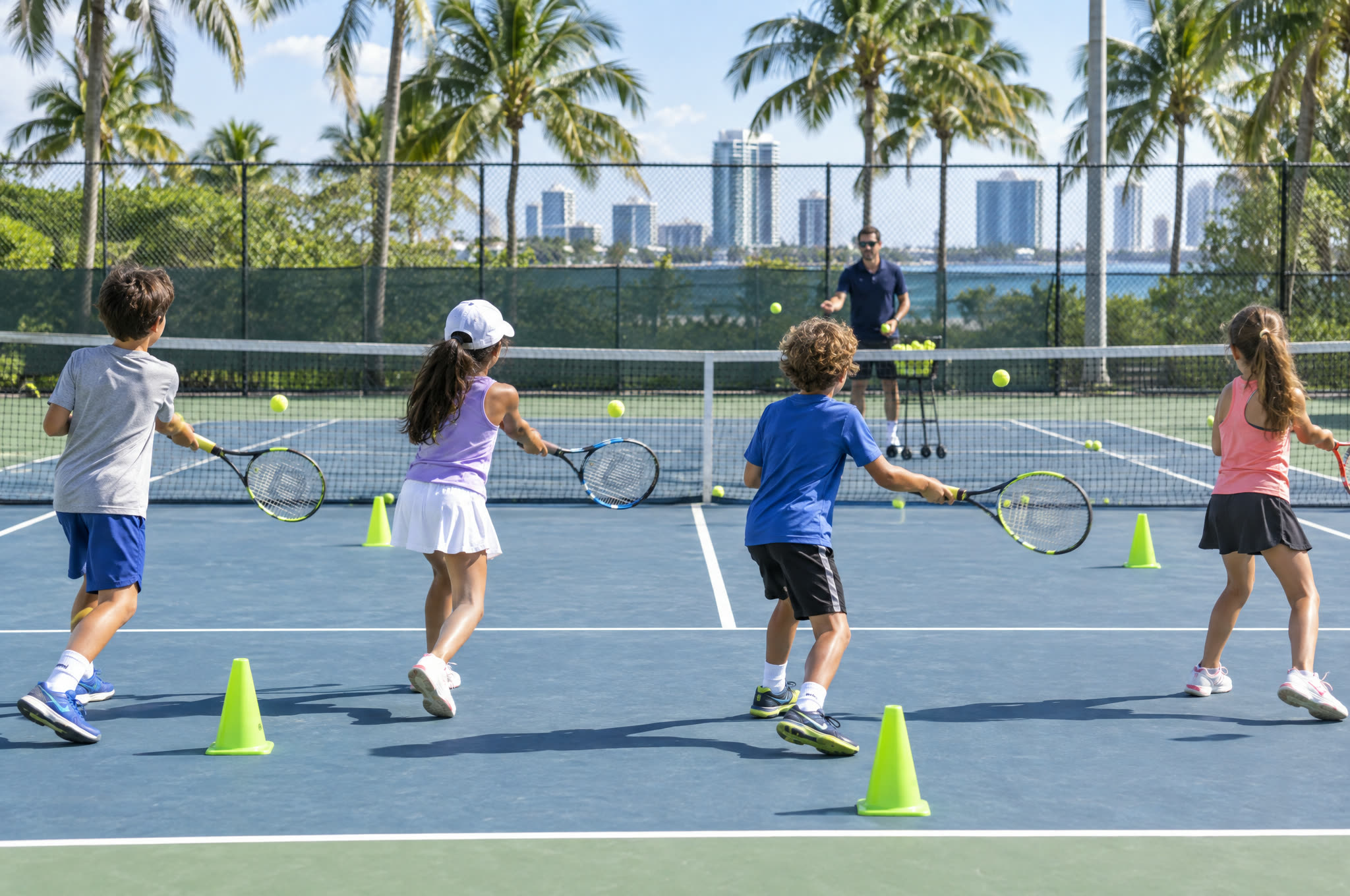 Grupo de niños genéricos en una clase de tenis junior (imagen generada)
